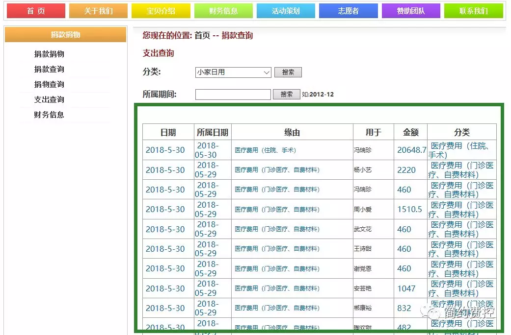 宝贝之家官网“捐款查询”页面